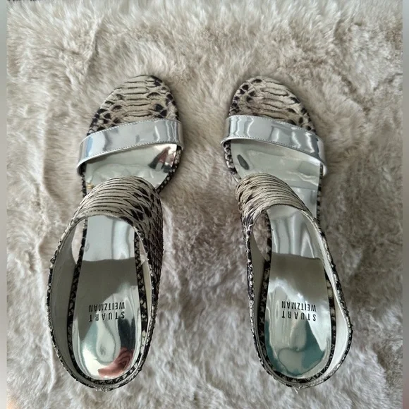 Stuart Weitzman Snakeskin & Silver Chic Strappy Heels | Size 9.5 - Picture 3 of 6